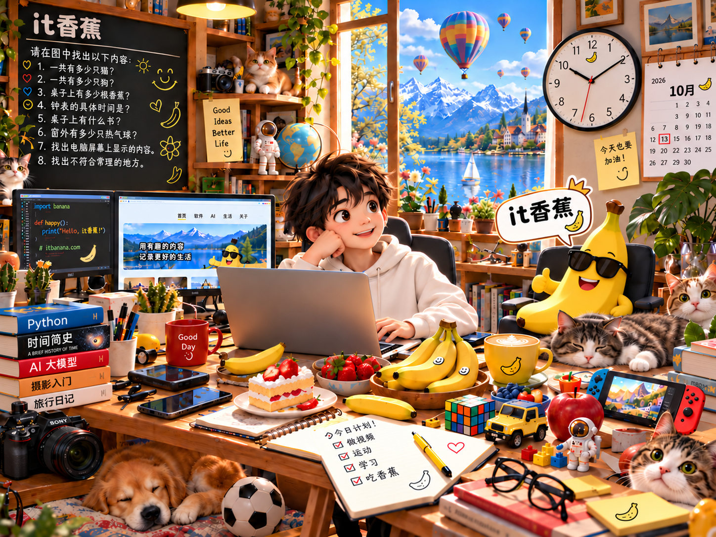 IT 香蕉识图测试原图：工作室中的猫、狗、香蕉、钟表、日历与电脑屏幕